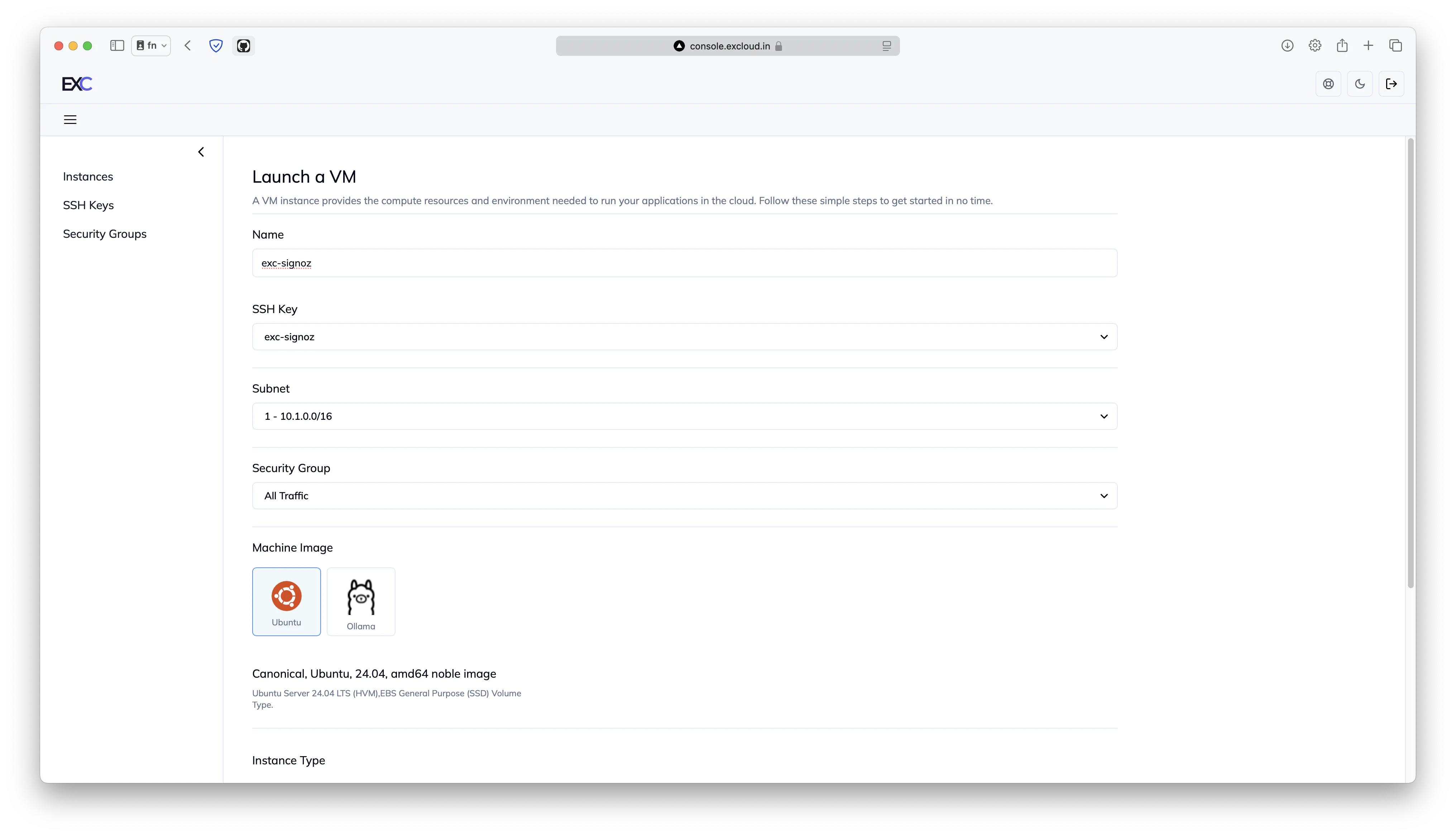 Selecting instance specifications